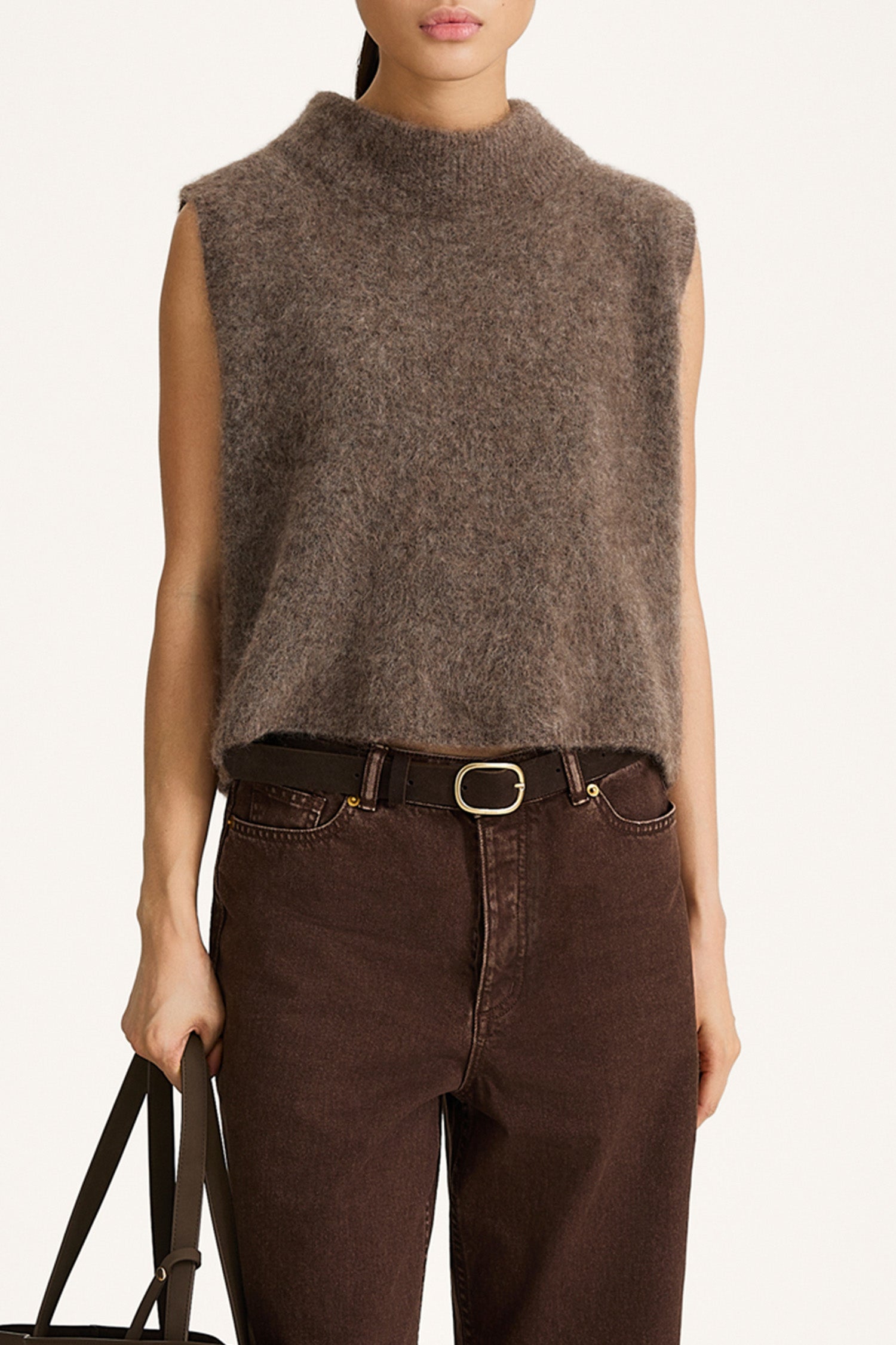 Nellie sleeveless knitted mohair top brown stylein model image front close