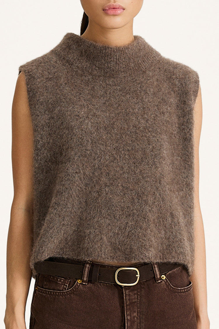 Nellie sleeveless knitted mohair top brown stylein model image front close