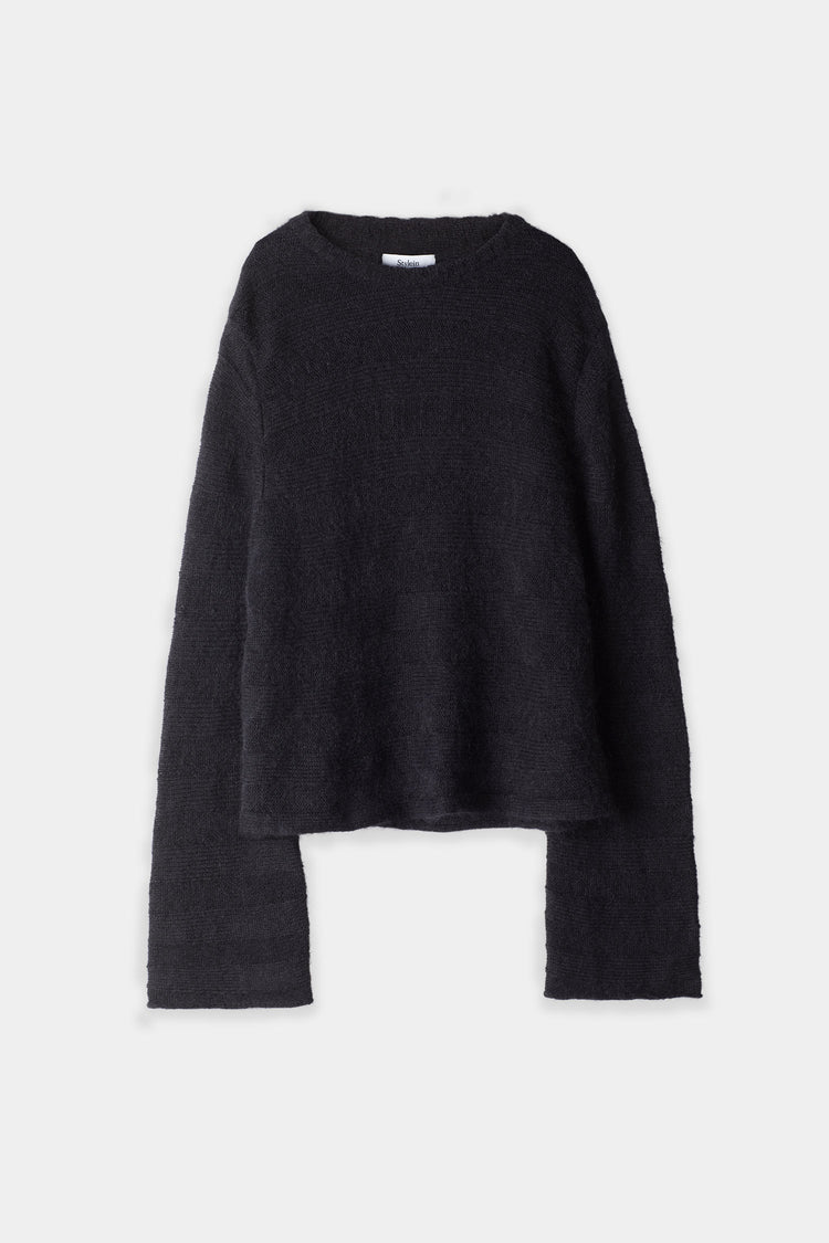 Nilo sweater cropped straight fit mohair blend horizontal knitted rib rounded neckline long sleeves black stylein packshot