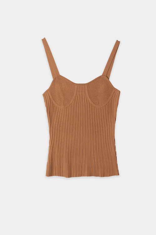 Paisley top sleeveless knitted fabric curved neckline decorative breast cups camel stylein packshot