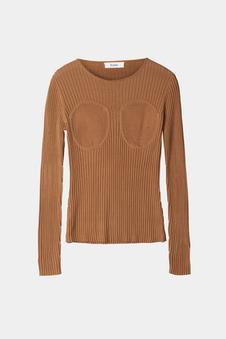 Paisley top long sleeve knitted curved neckline decorative breast cups camel stylein packshot