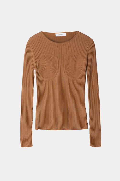Paisley top long sleeve knitted curved neckline decorative breast cups camel stylein packshot