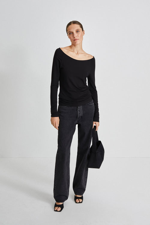 Celina top off shoulder body fitted full length sleeves jersey black stylein front image