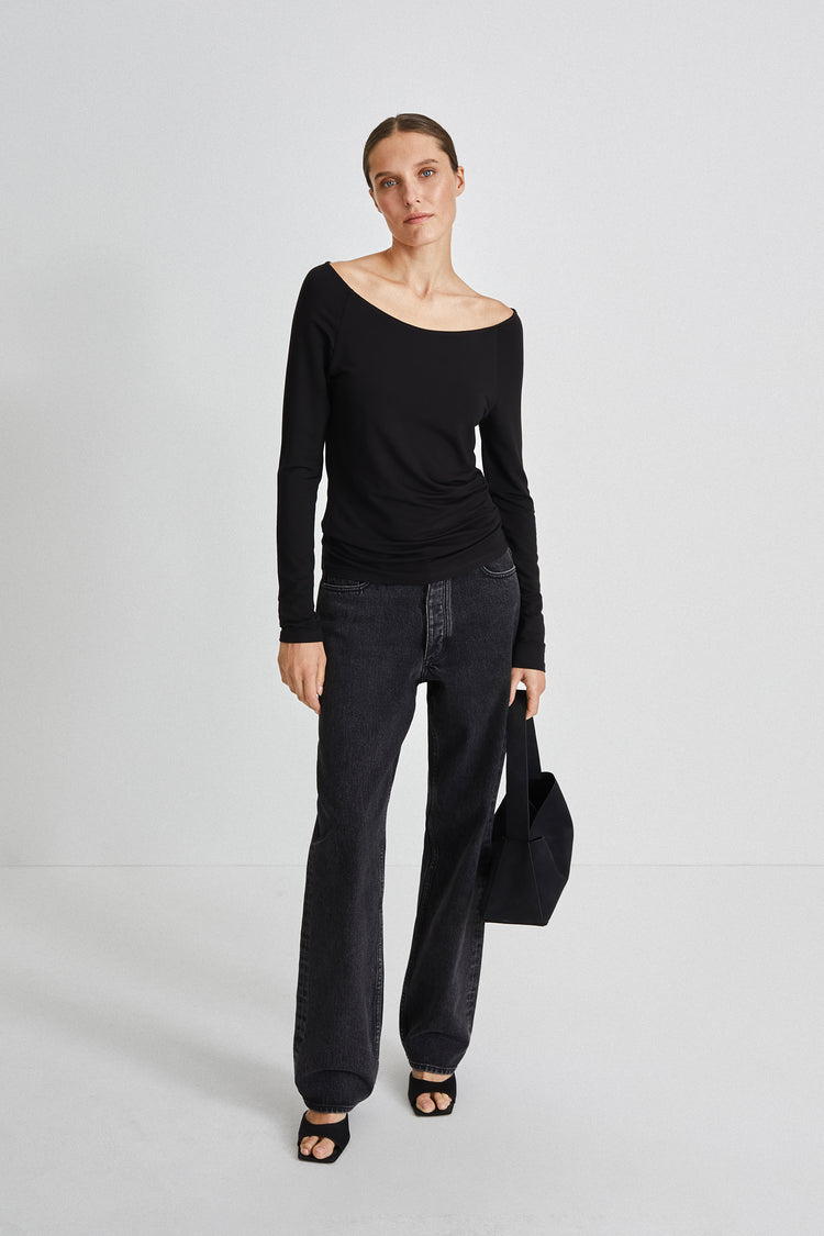 Celina top off shoulder body fitted full length sleeves jersey black stylein front image