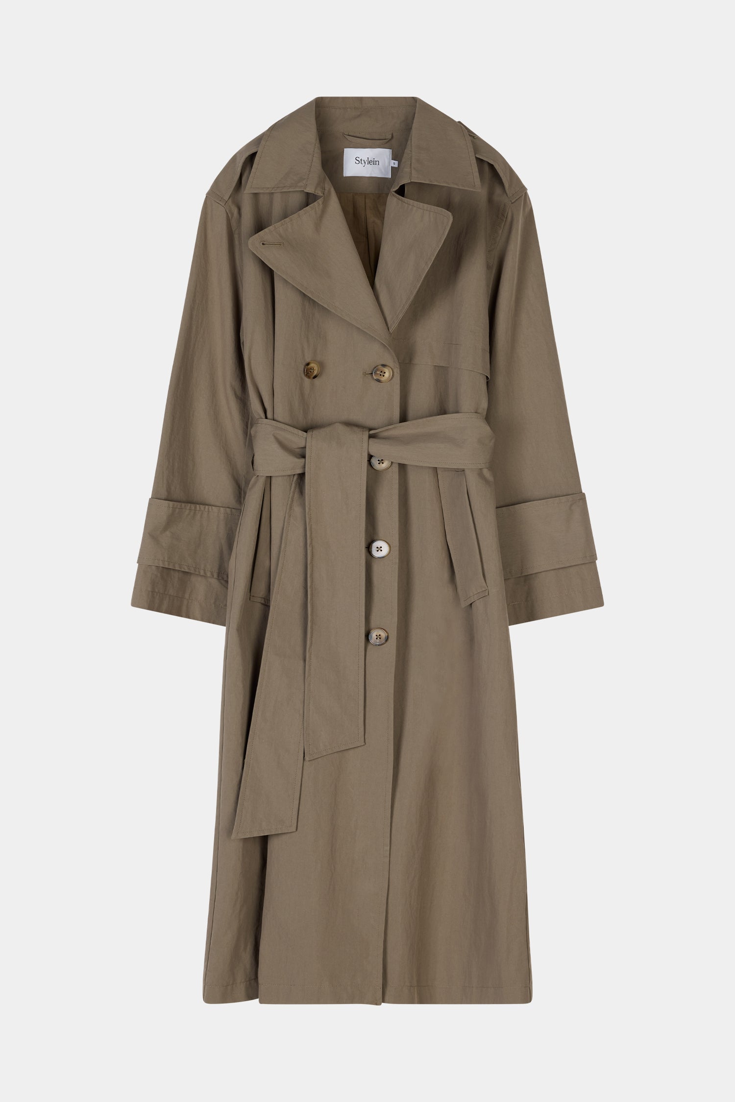 Siena trench coat mud khaki long stylein front packshot