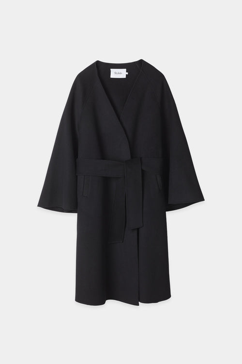 Trento coat long kimono inspired dropped shoulders flared full length sleeves attached belt wool mix black stylein packshot