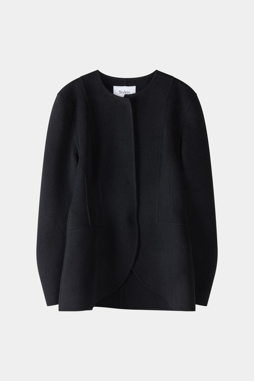 Black wool jacket cinched waist stylein tyra front model image