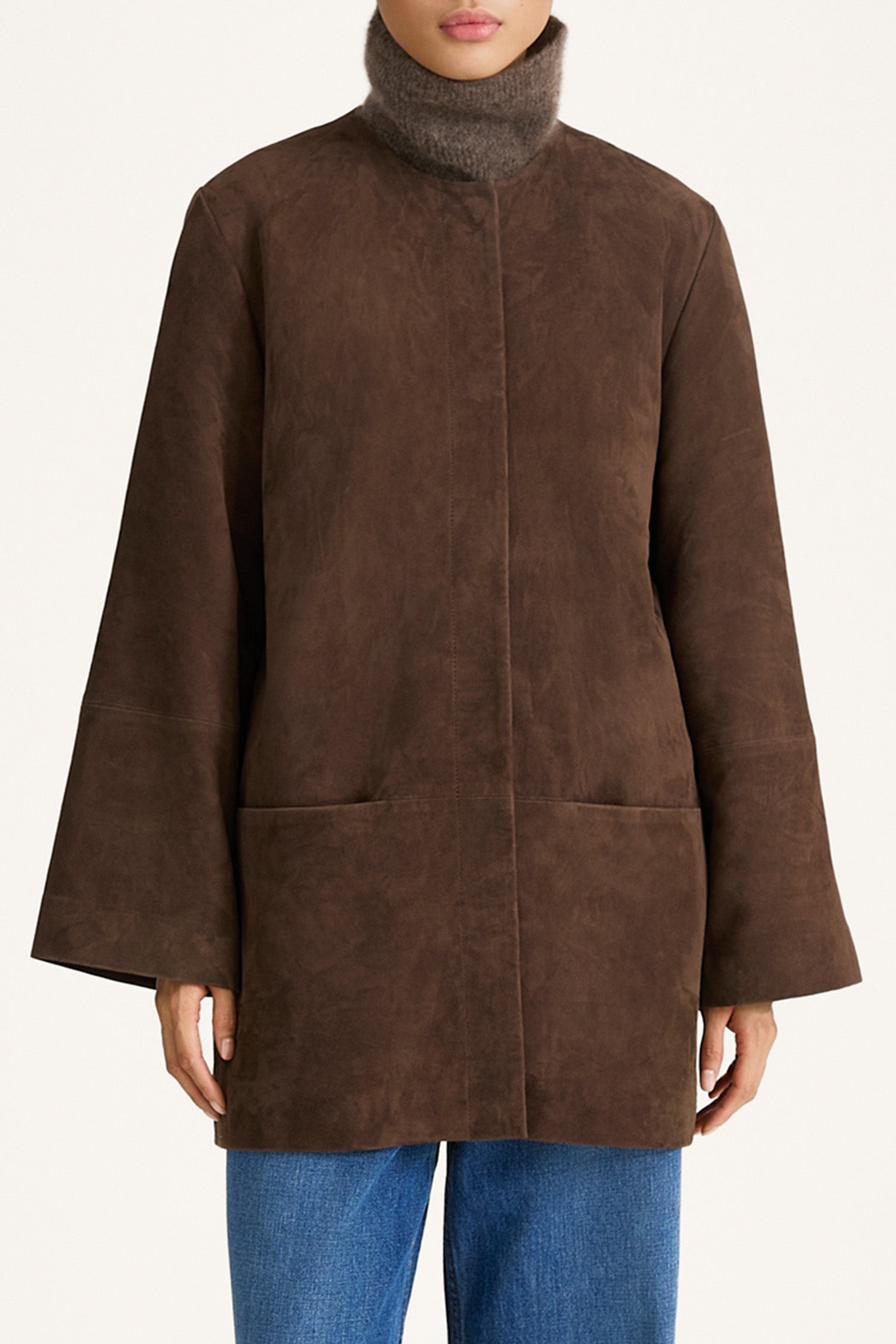 Valencino suede coat pebble brown stylein model image front close up