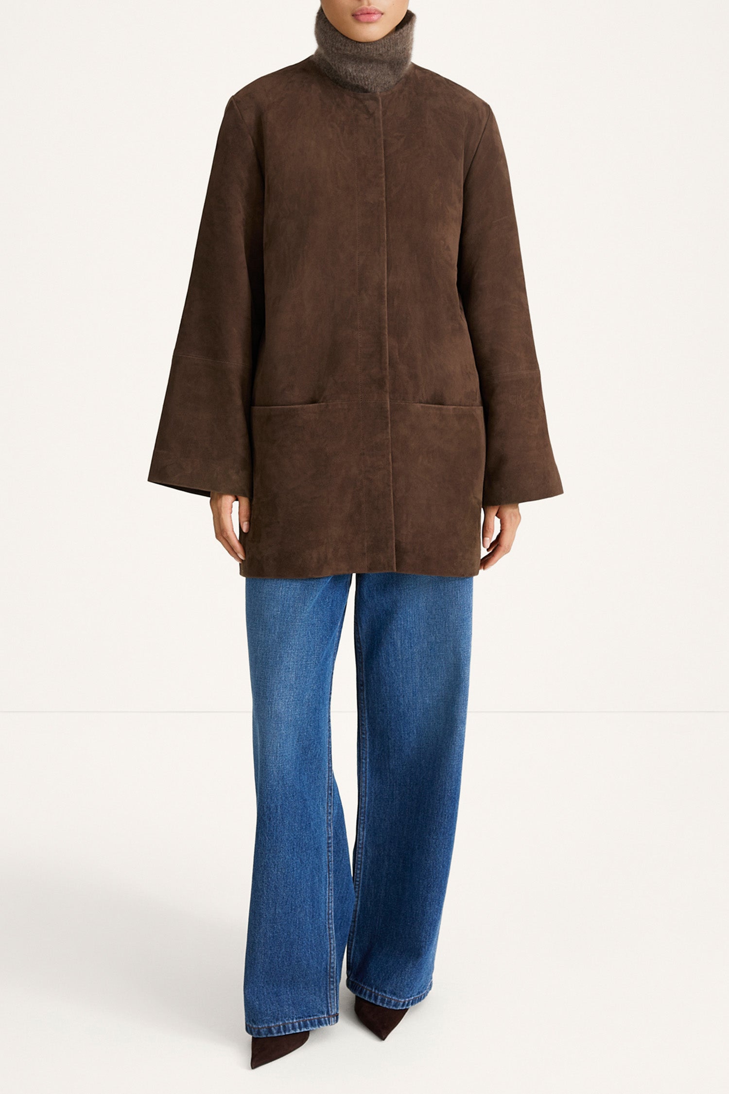Valencino suede coat pebble brown stylein model image front