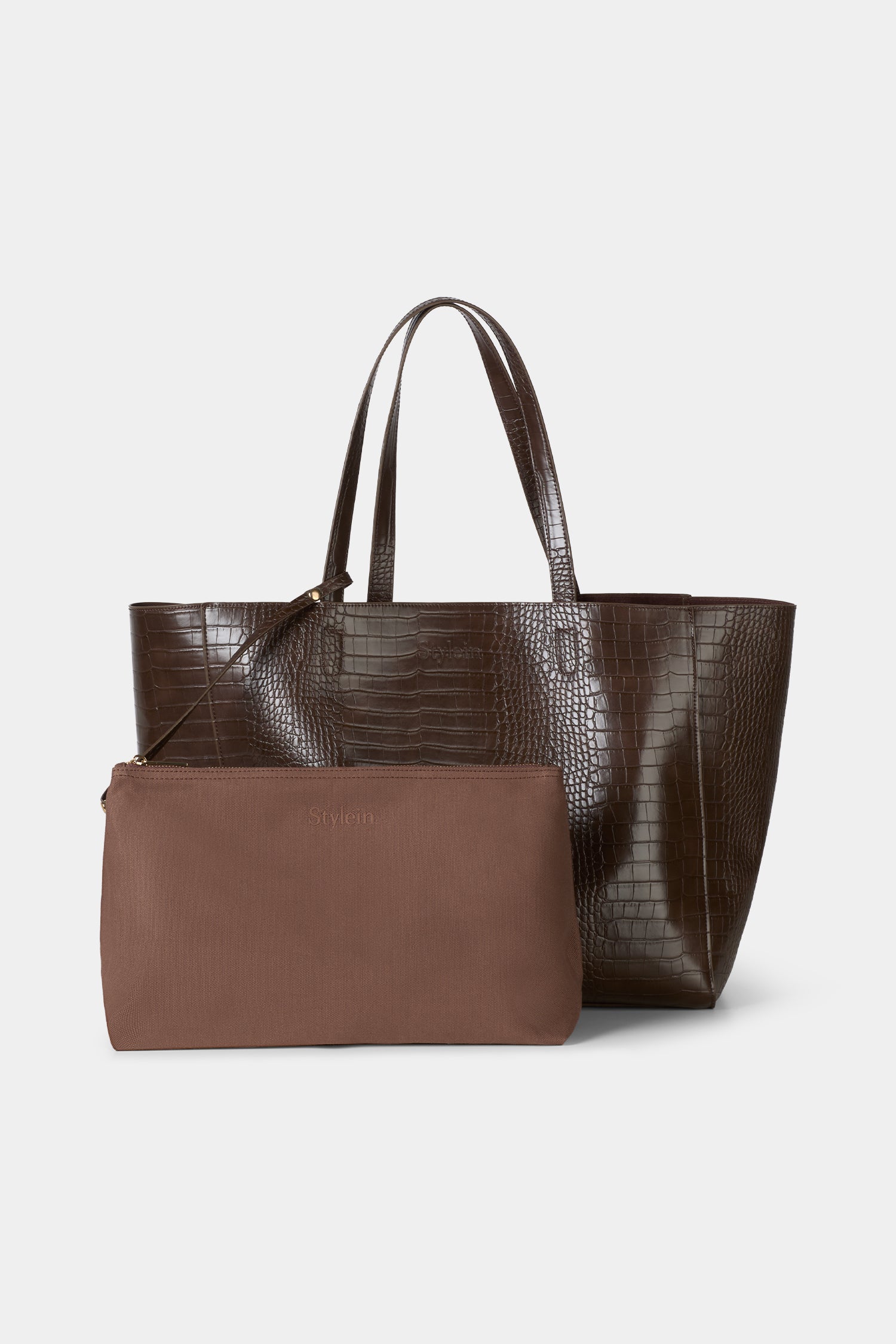 Yacht bag croco faux leather coffee brown  inner pouch stylein packshot