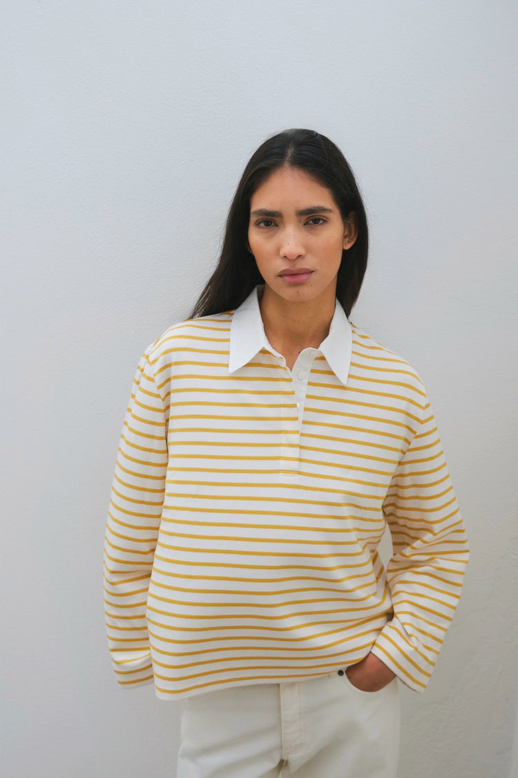 Janelle top oversized boxy longsleeve collar yellow white stripe stylein front image