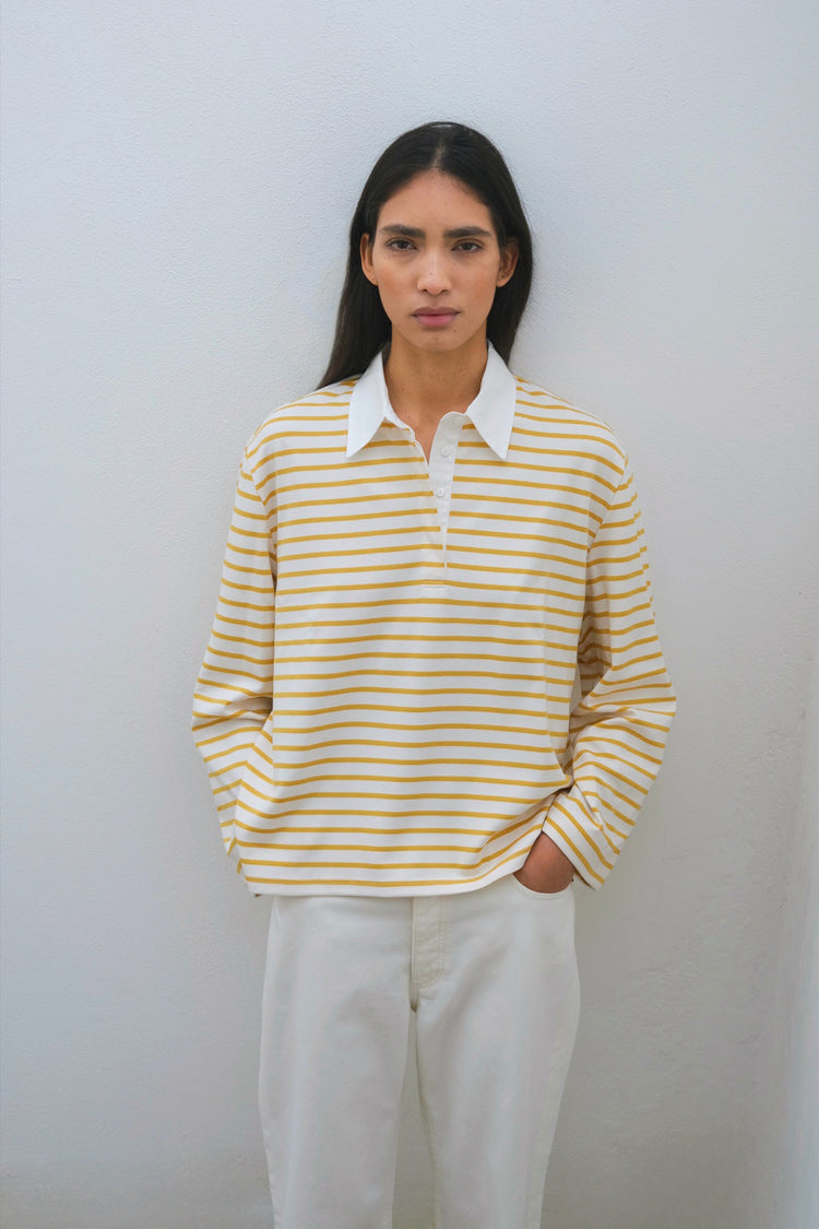 Janelle top oversized boxy longsleeve collar yellow white stripe stylein front image