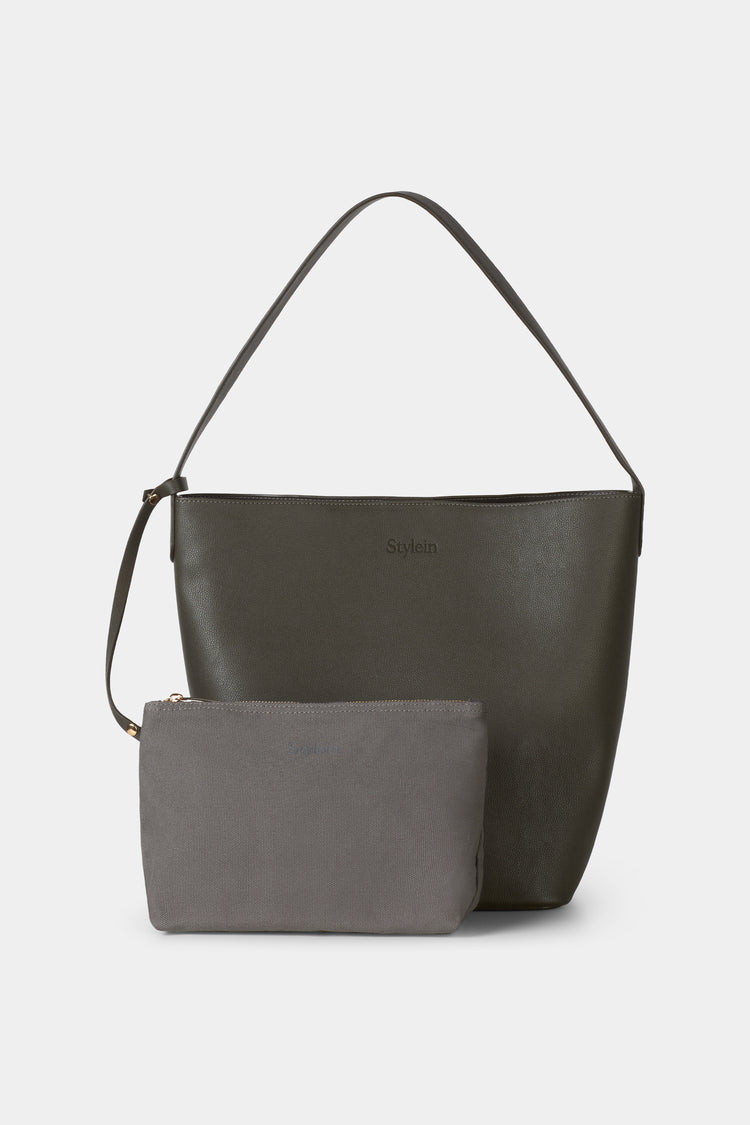 Vegan leather bucket bag stylein younes dark mud inner clutch