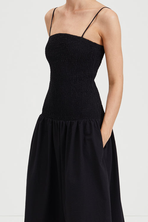Martelli dress ankle length sleeveless straps seersucker wide skirt smock top black stylein detail image