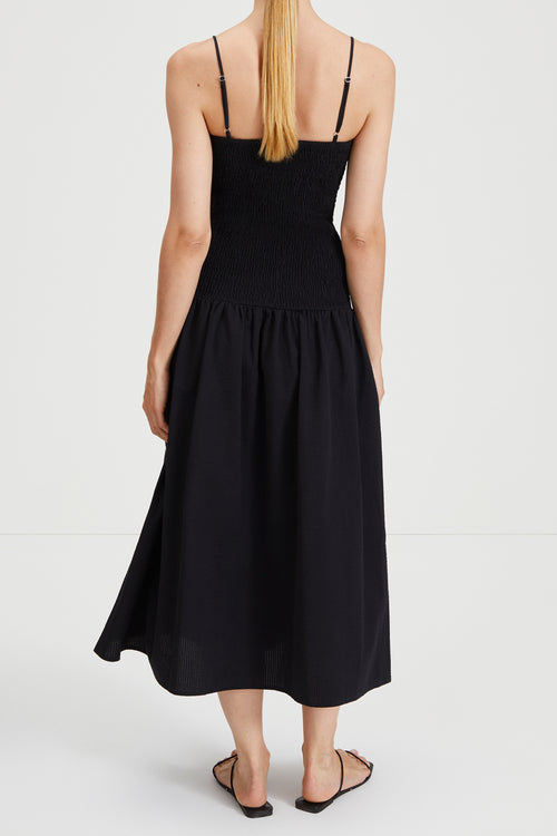Martelli dress ankle length sleeveless straps seersucker wide skirt smock top black stylein back image