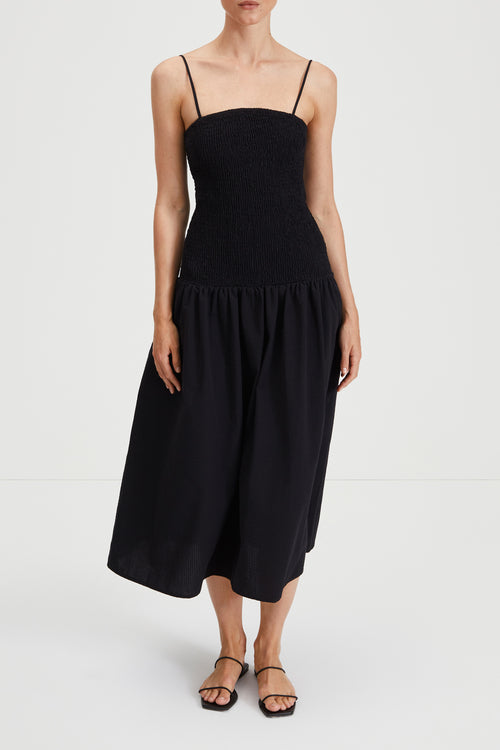 Martelli dress ankle length sleeveless straps seersucker wide skirt smock top black stylein front image