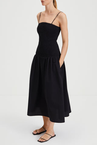 Martelli dress ankle length sleeveless straps seersucker wide skirt smock top black stylein side image