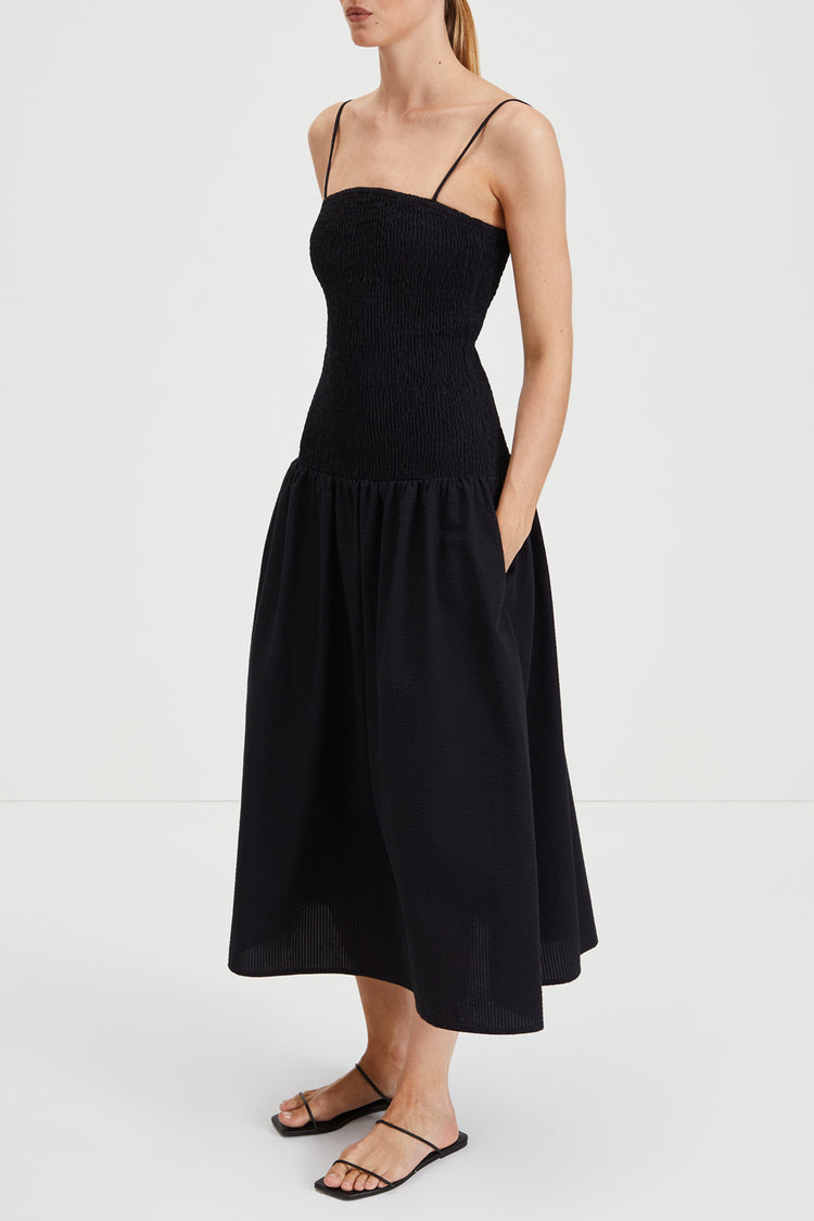 Martelli dress ankle length sleeveless straps seersucker wide skirt smock top black stylein side image