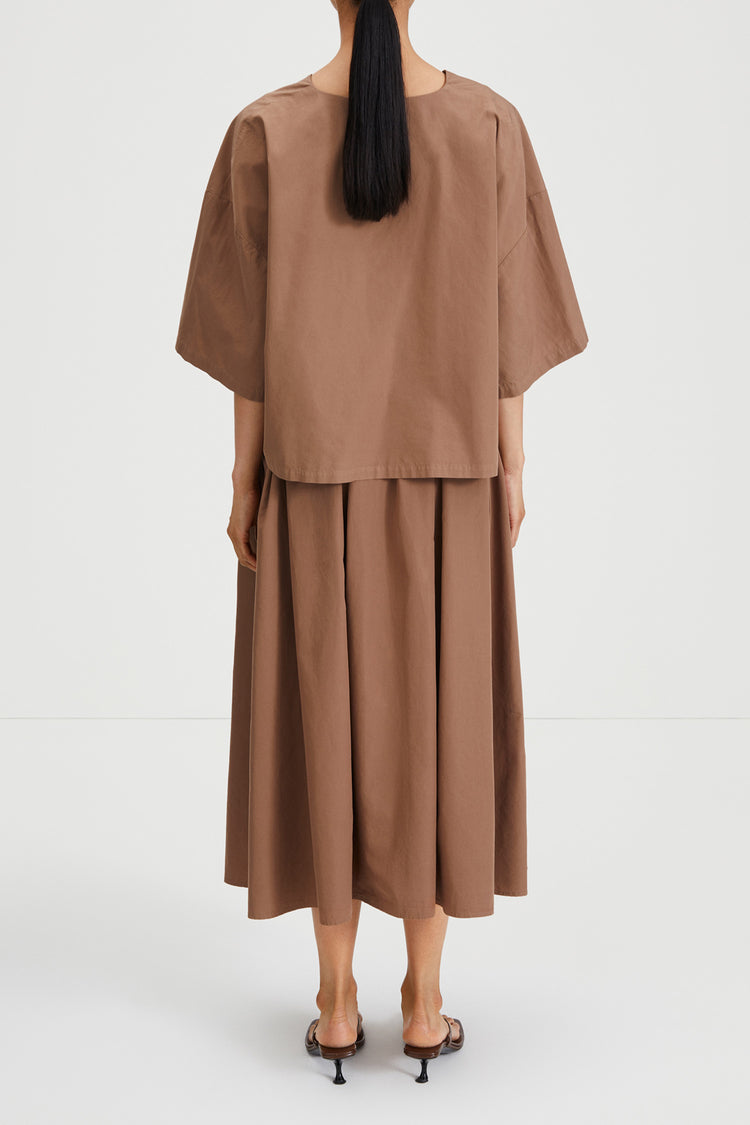 Jorina skirt voluminous mid length a line mud brown stylein back image