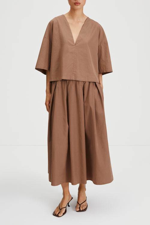 Jorina skirt voluminous mid length a line mud brown stylein front image