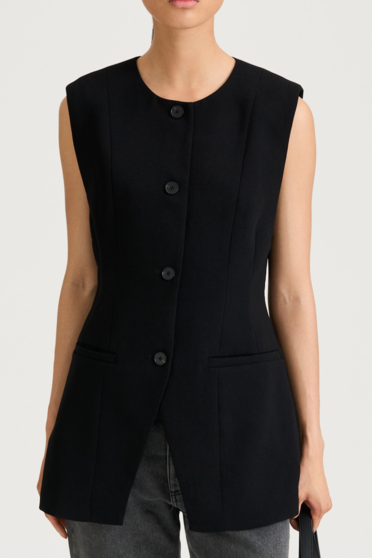 Balina black crepe vest stylein front close up model image