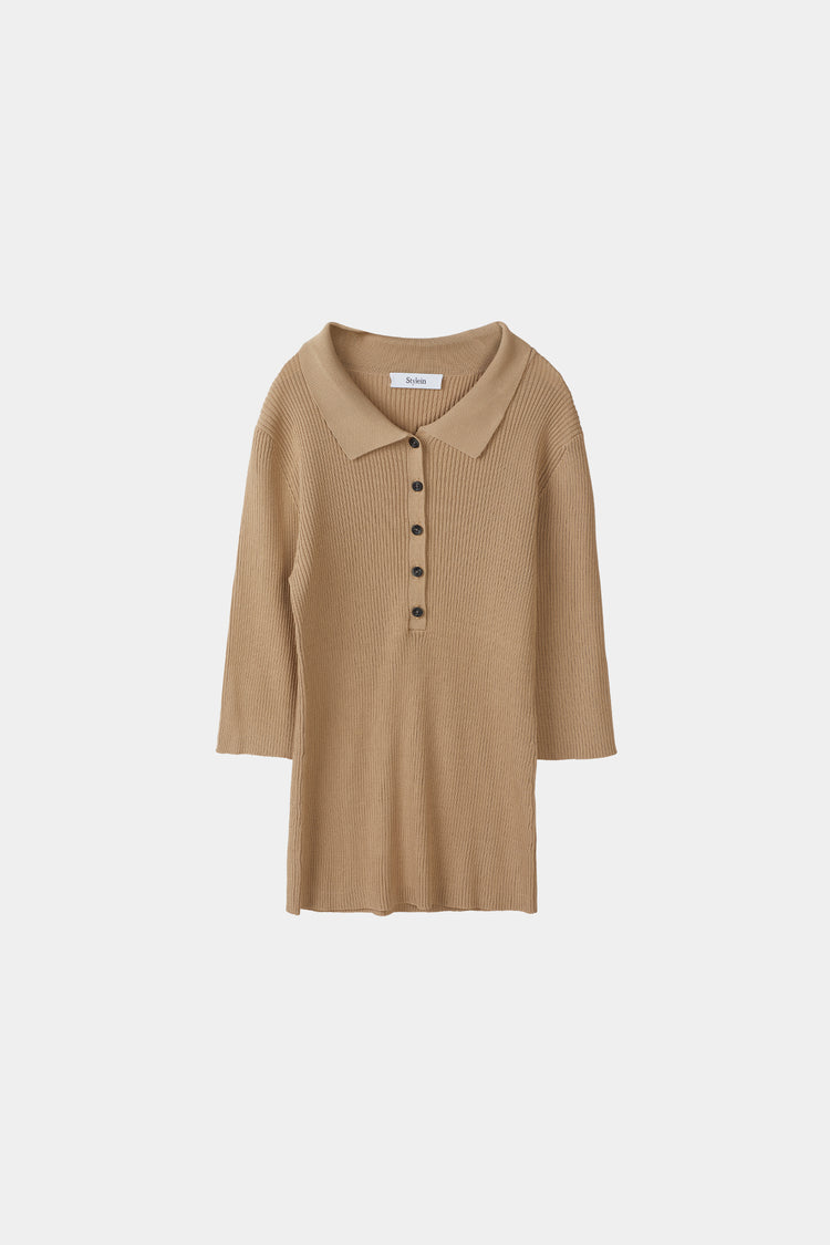 beige fine knit collar button top priceton stylein woman packshot