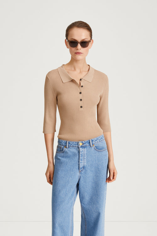 beige fine knit collar button top priceton stylein front