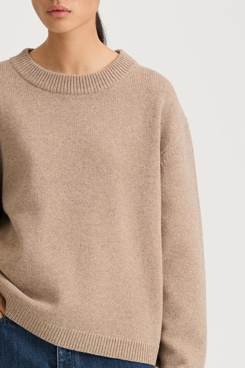 beige round neck knitted sweater stylein harlow model image