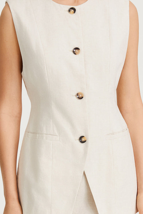 Sirella vest cinched waist button up front beige linen stylein detail image