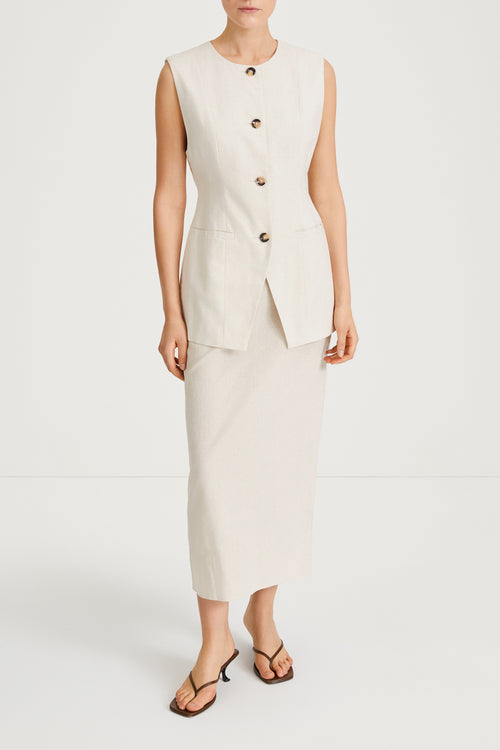 Sirella vest cinched waist button up front beige linen stylein front image