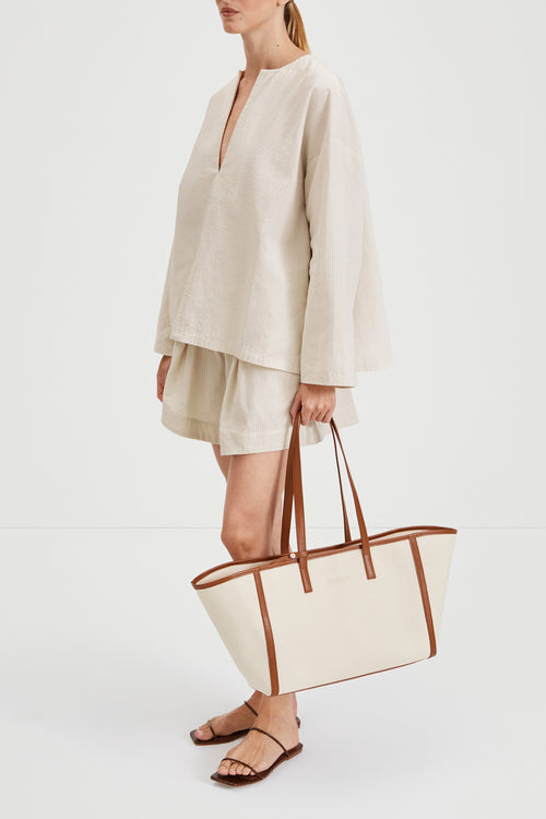 Mojo shorts flared seersucker beige stripe stylein side image