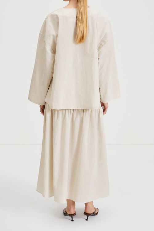 Mirella skirt ankle length flowing shape seersucker beige white stripe stylein back image