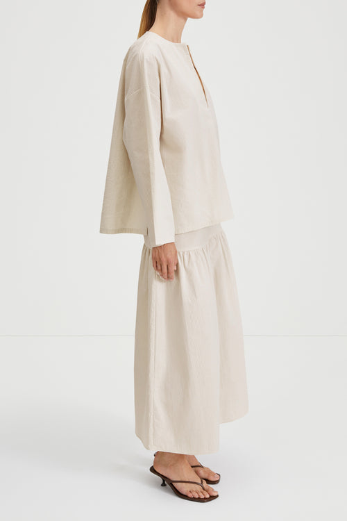 Mirella skirt ankle length flowing shape seersucker beige white stripe stylein side image