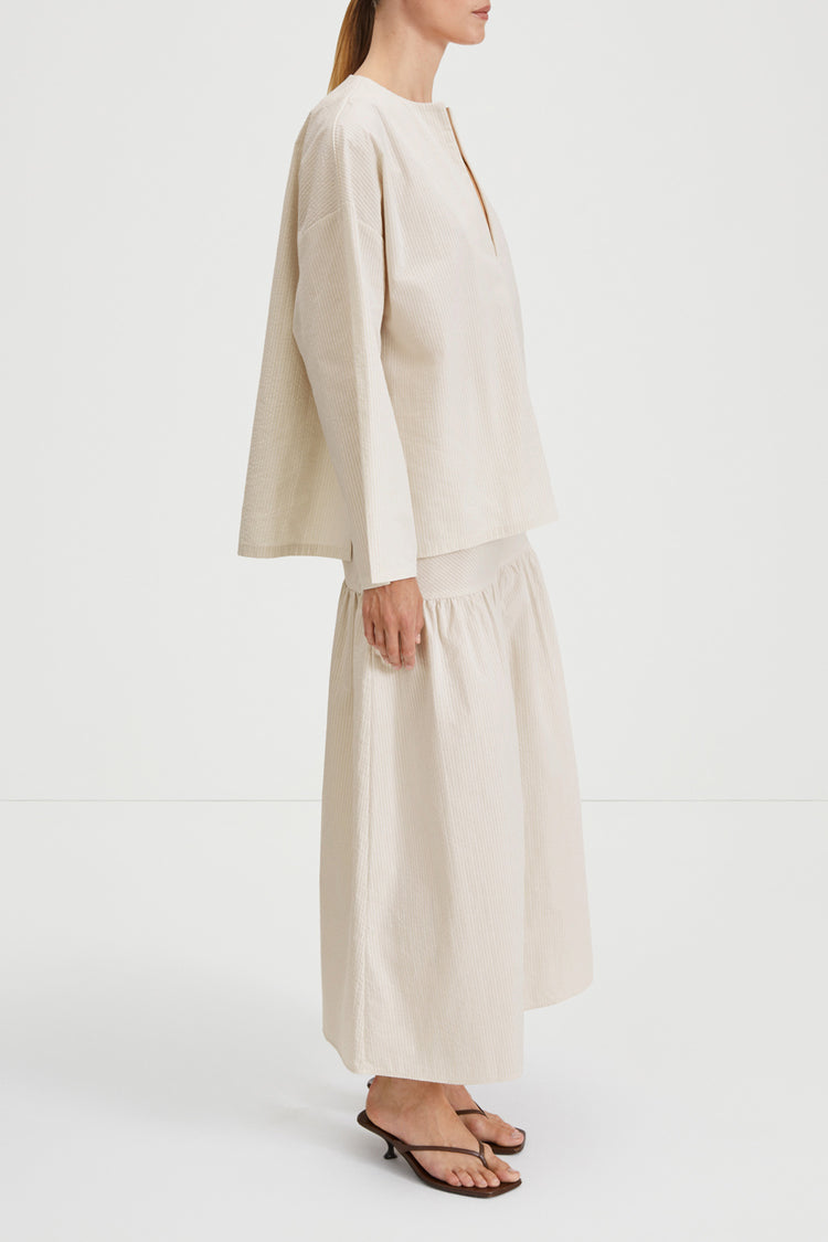 Mirella skirt ankle length flowing shape seersucker beige white stripe stylein side image