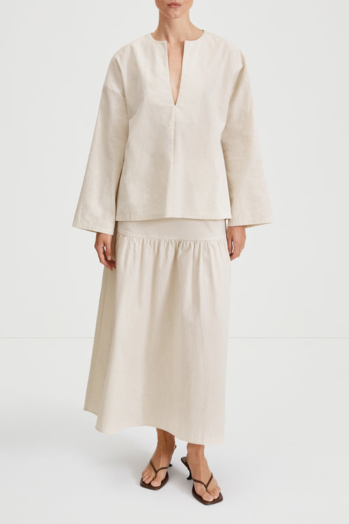 Mirella skirt ankle length flowing shape seersucker beige white stripe stylein front image