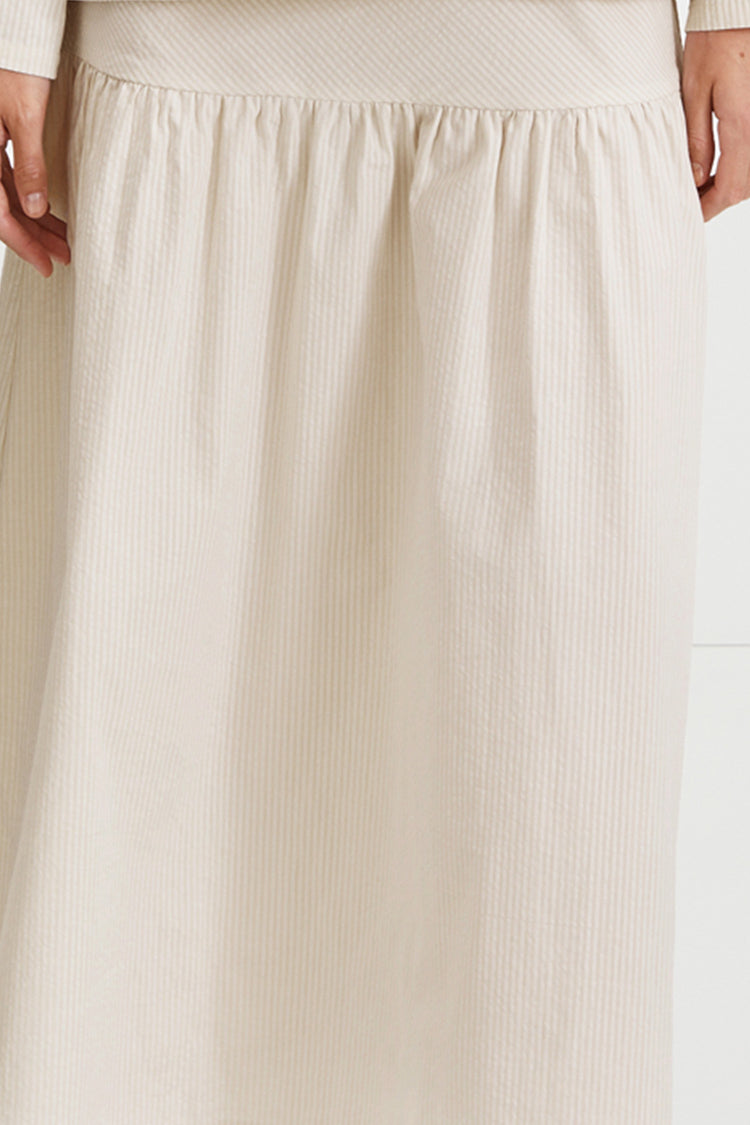 Mirella skirt ankle length flowing shape seersucker beige white stripe stylein detail image