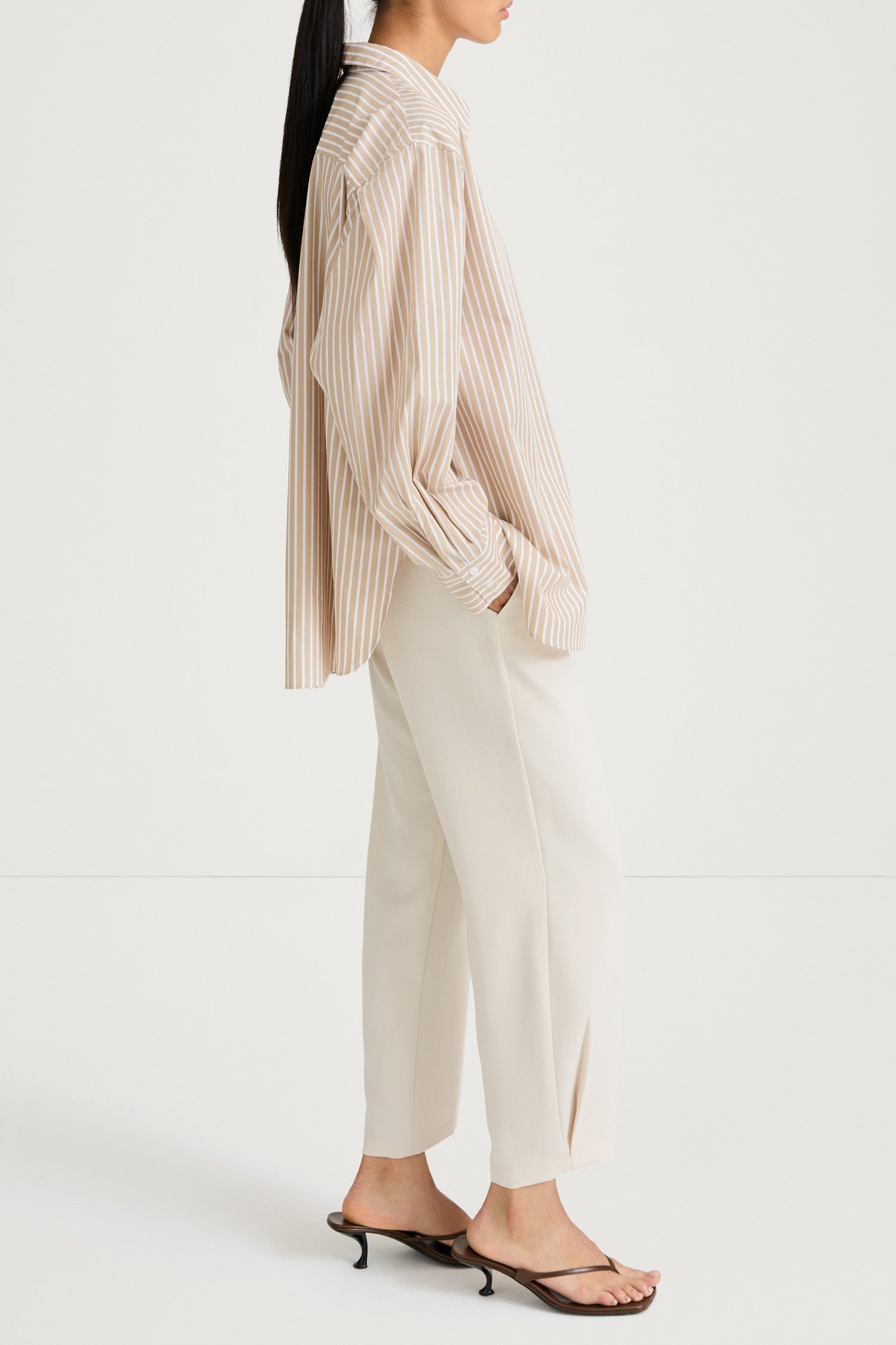 Beige striped cotton shirt jansell stylein side model image