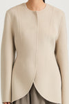 Beige wool jacket cinched waist stylein tyra front close up model image