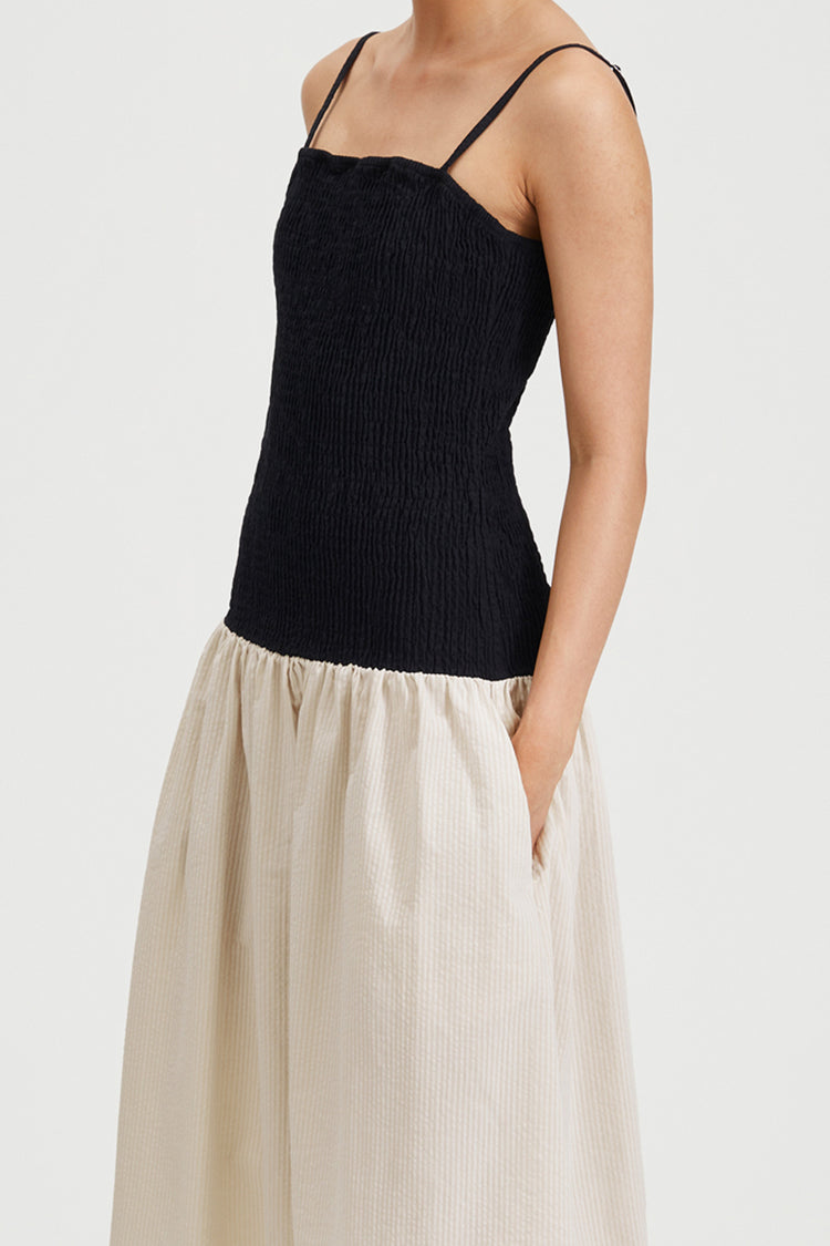 Martelli dress ankle length sleeveless straps seersucker wide skirt smock top black beige white stripe stylein detail image