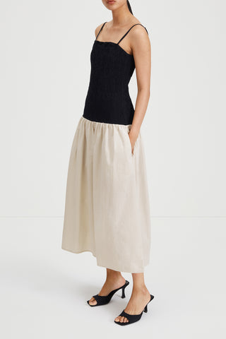 Martelli dress ankle length sleeveless straps seersucker wide skirt smock top black beige white stripe stylein side image