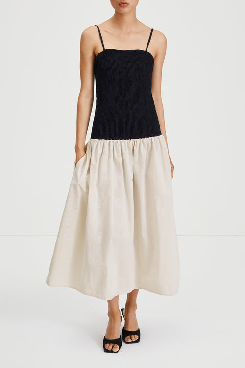 Martelli dress ankle length sleeveless straps seersucker wide skirt smock top black beige white stripe stylein front image