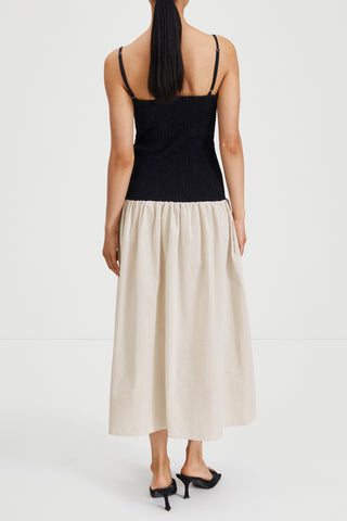 Martelli dress ankle length sleeveless straps seersucker wide skirt smock top black beige white stripe stylein back image 