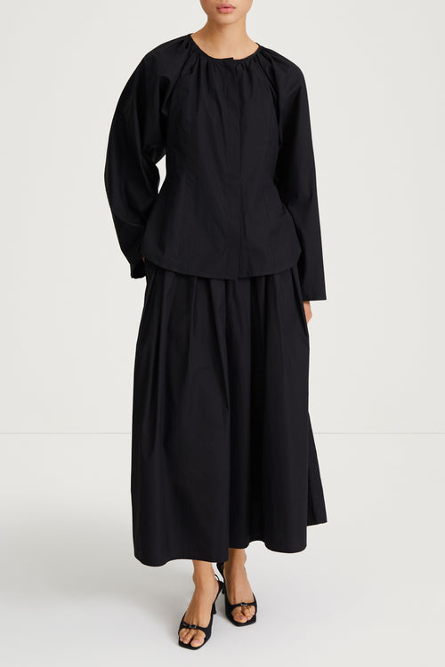 black draped blouse cotton stylein junina front