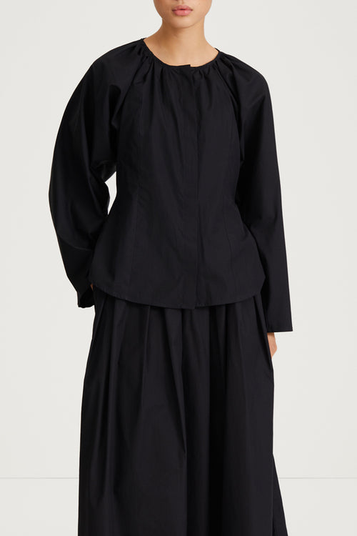 black draped blouse cotton stylein junina close up