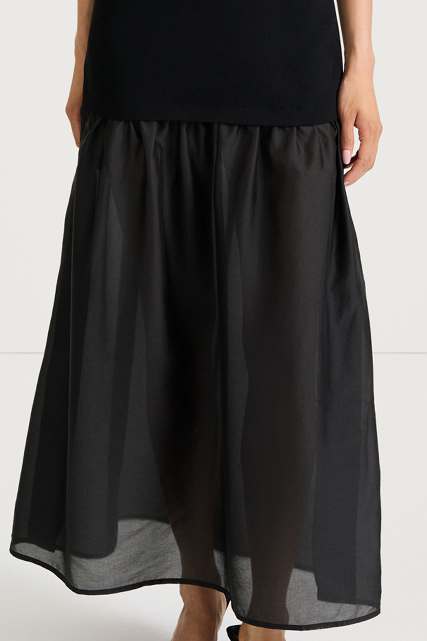 Black dress sheer stylein barnie front close up model image