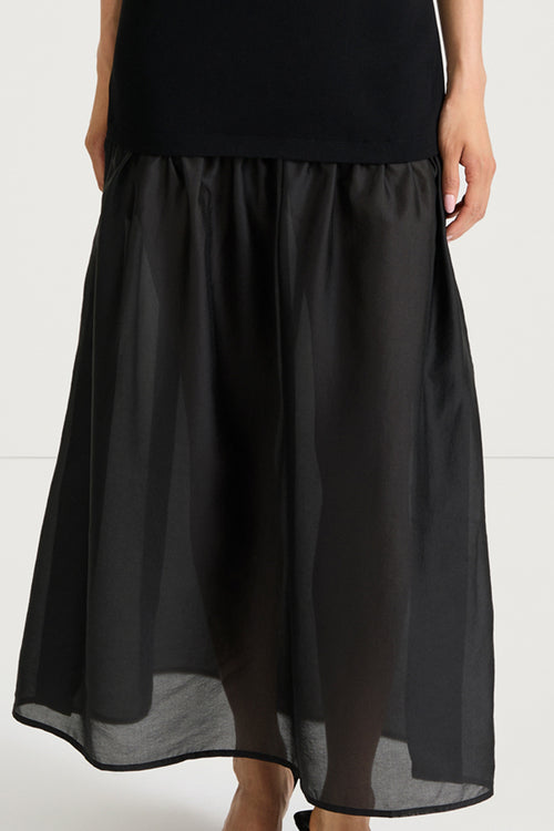 Black dress sheer stylein barnie front close up model image