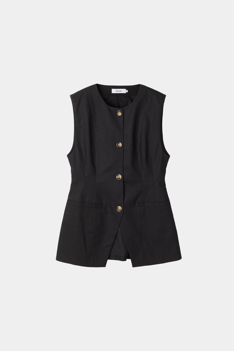 Sirella vest cinched waist button up front black linen stylein packshot