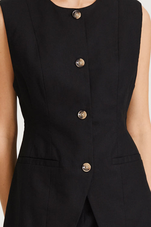 Sirella vest cinched waist button up front black linen stylein detail image