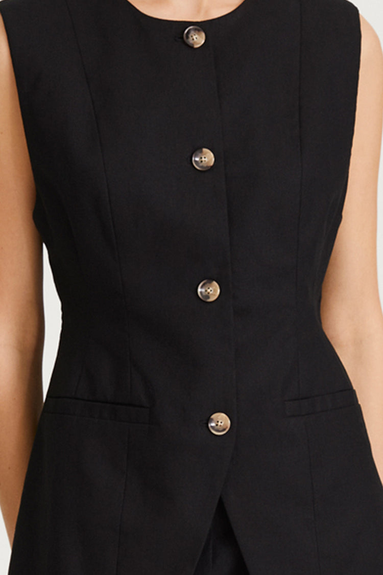 Sirella vest cinched waist button up front black linen stylein detail image