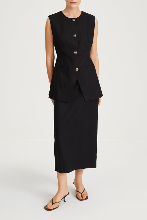 Sirella vest cinched waist button up front black linen stylein front image